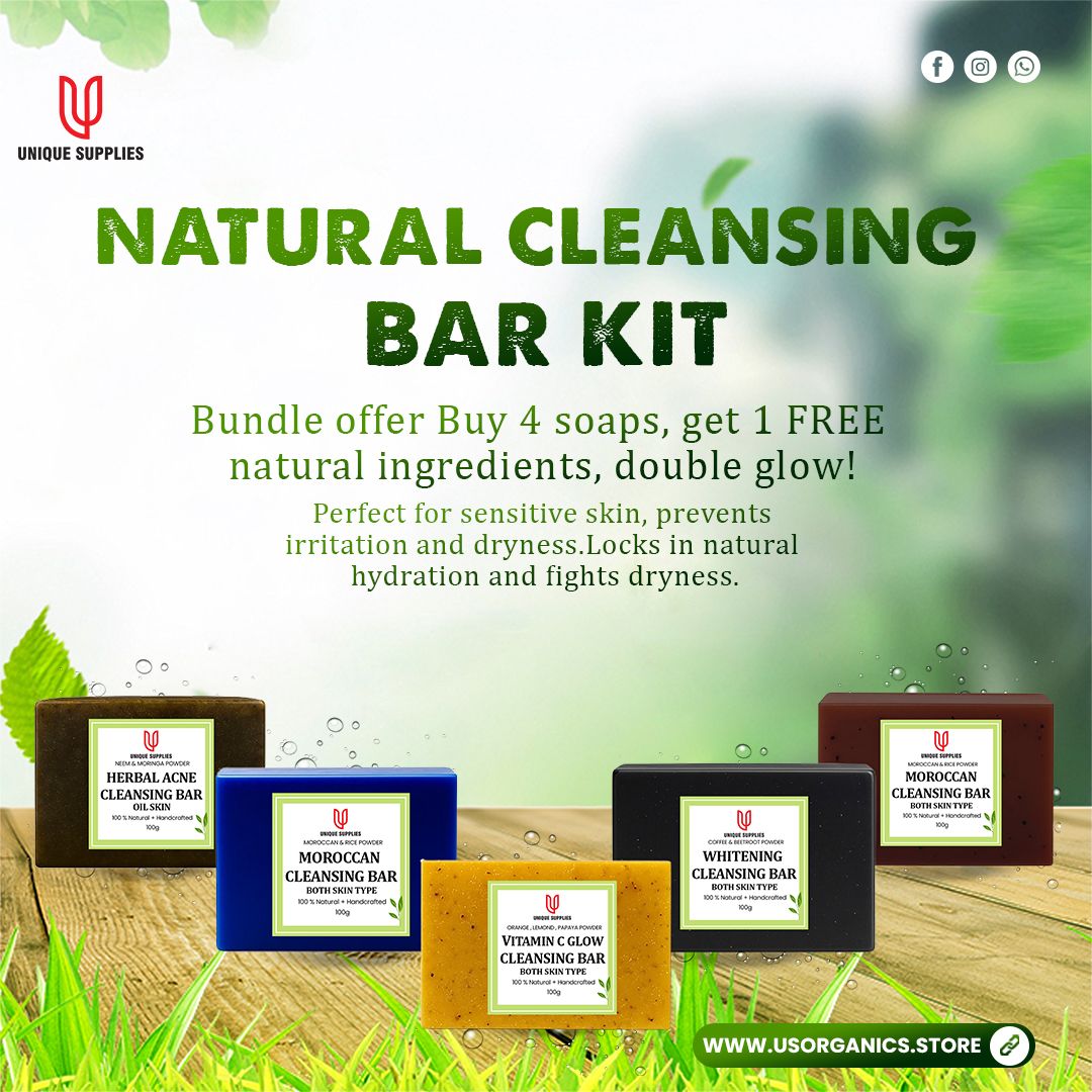 Natural Cleansing Bar Kit showcasing 5 artisanal soaps for sensitive skin with a bundle offer of Buy 4, Get 1 FREE.