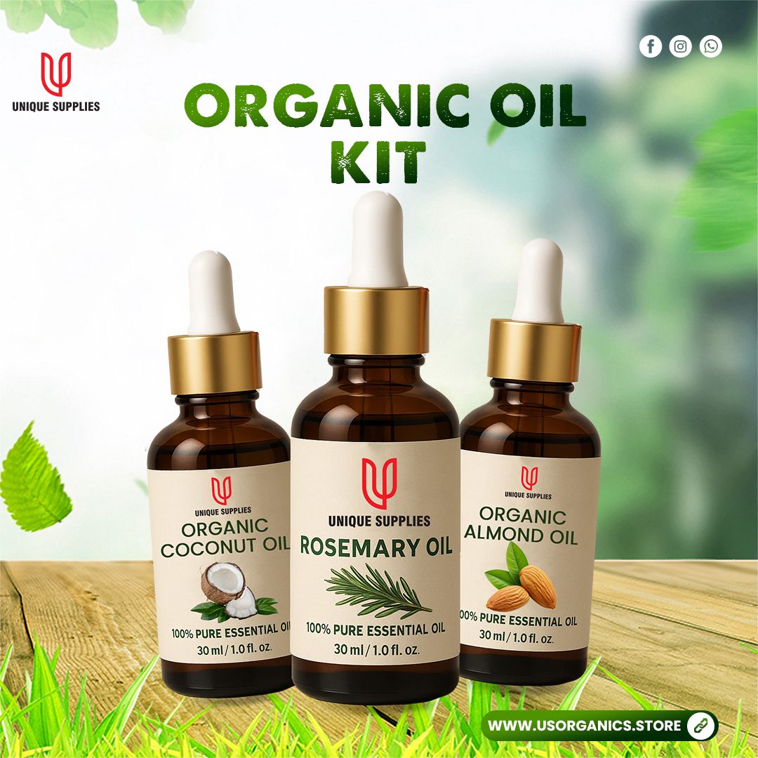 Nourishing hair and skin oil kit featuring organic coconut oil, rosemary oil, and almond oil bottles.