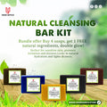 Natural Cleansing Bar Kit showcasing 5 artisanal soaps for sensitive skin with a bundle offer of Buy 4, Get 1 FREE.