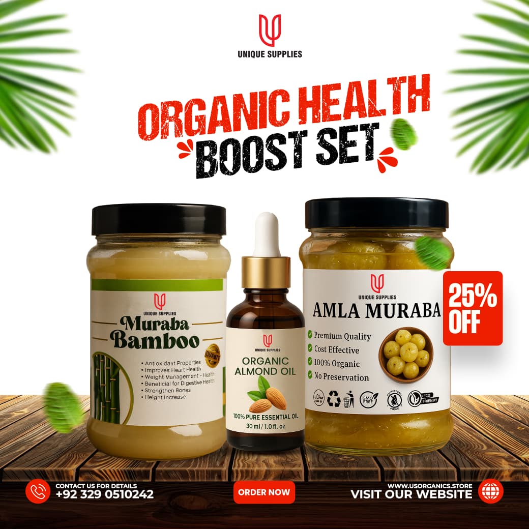 Organic Health Boost Set featuring Bamboo Murabba, Amla Murabba, and Organic Almond Oil.